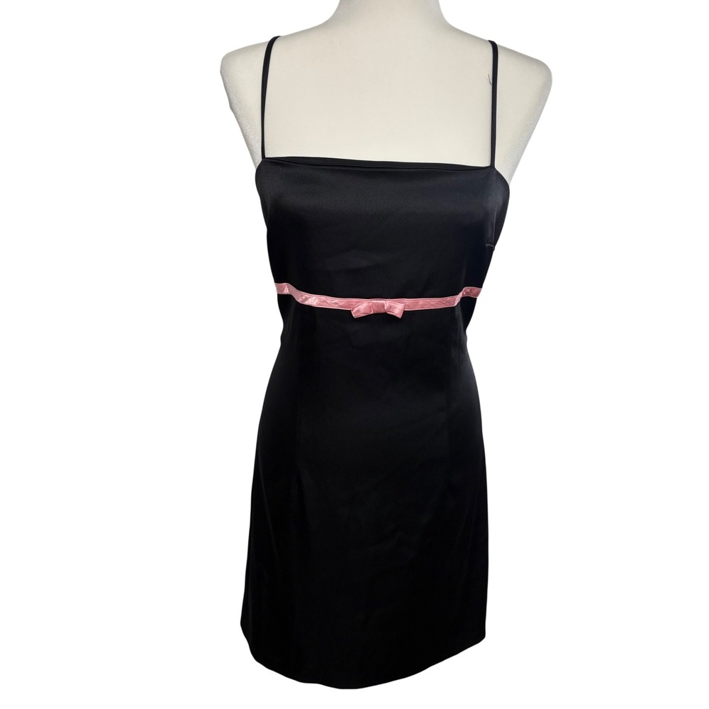 Byer Too! VTG 90s Black Satin Mini‎ Dress Pink Bow sz. 9 USA Romantic Whimsigoth
